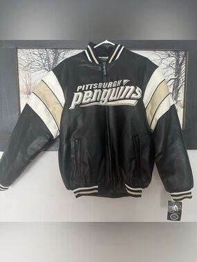 Pittsburgh Penguins Black Leather Bomber Jacket with White Accents